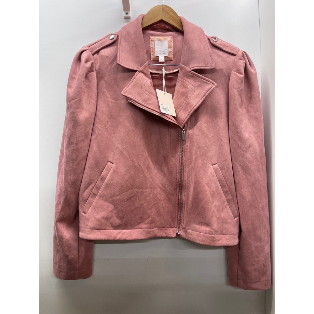 LC Lauren Conrad Faux Suede Moto Jacket Pink Puff Shoulder XL NWT